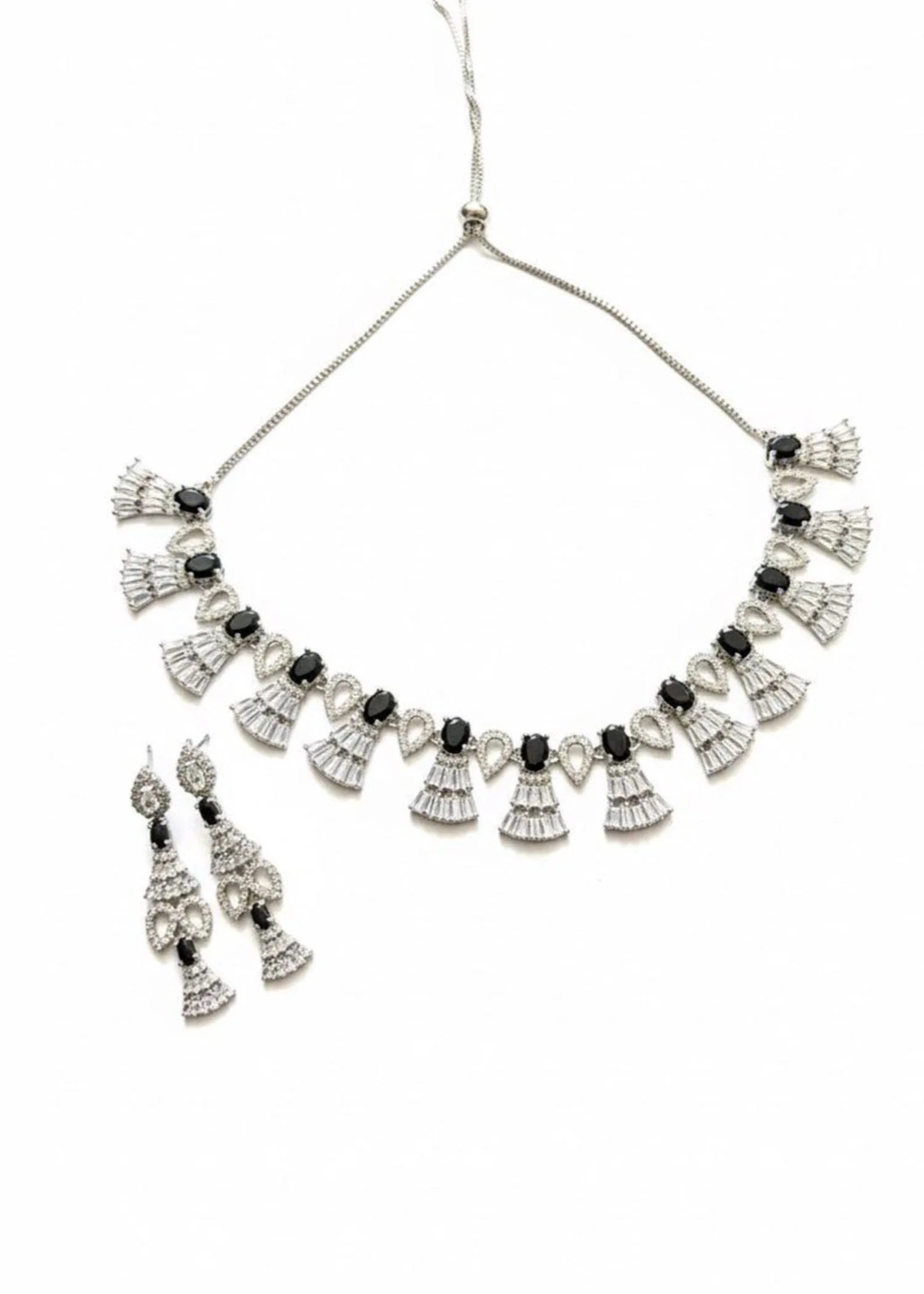 Baguette Fringe Tassel Necklace Set-Silver Black