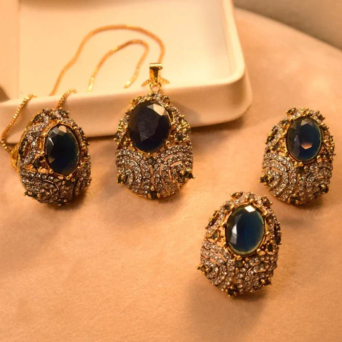 Blue Luminous Stylish Gold Plated Real Stones Necklace Set for Girls/Women