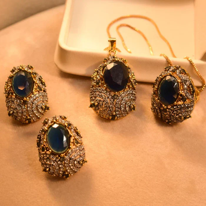 Blue Luminous Stylish Gold Plated Real Stones Necklace Set for Girls/Women