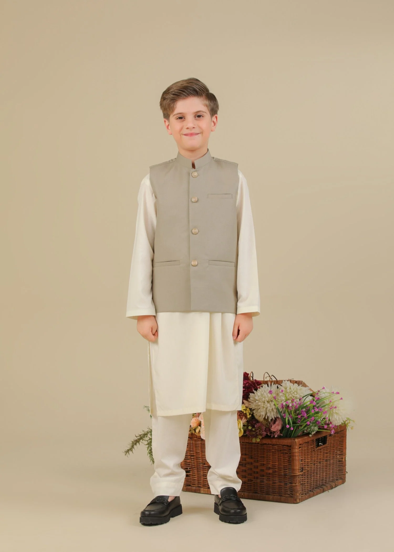 Bosky White Kurta Trouser with Beige Suiting Waistcoat - Straight Cut - Kids