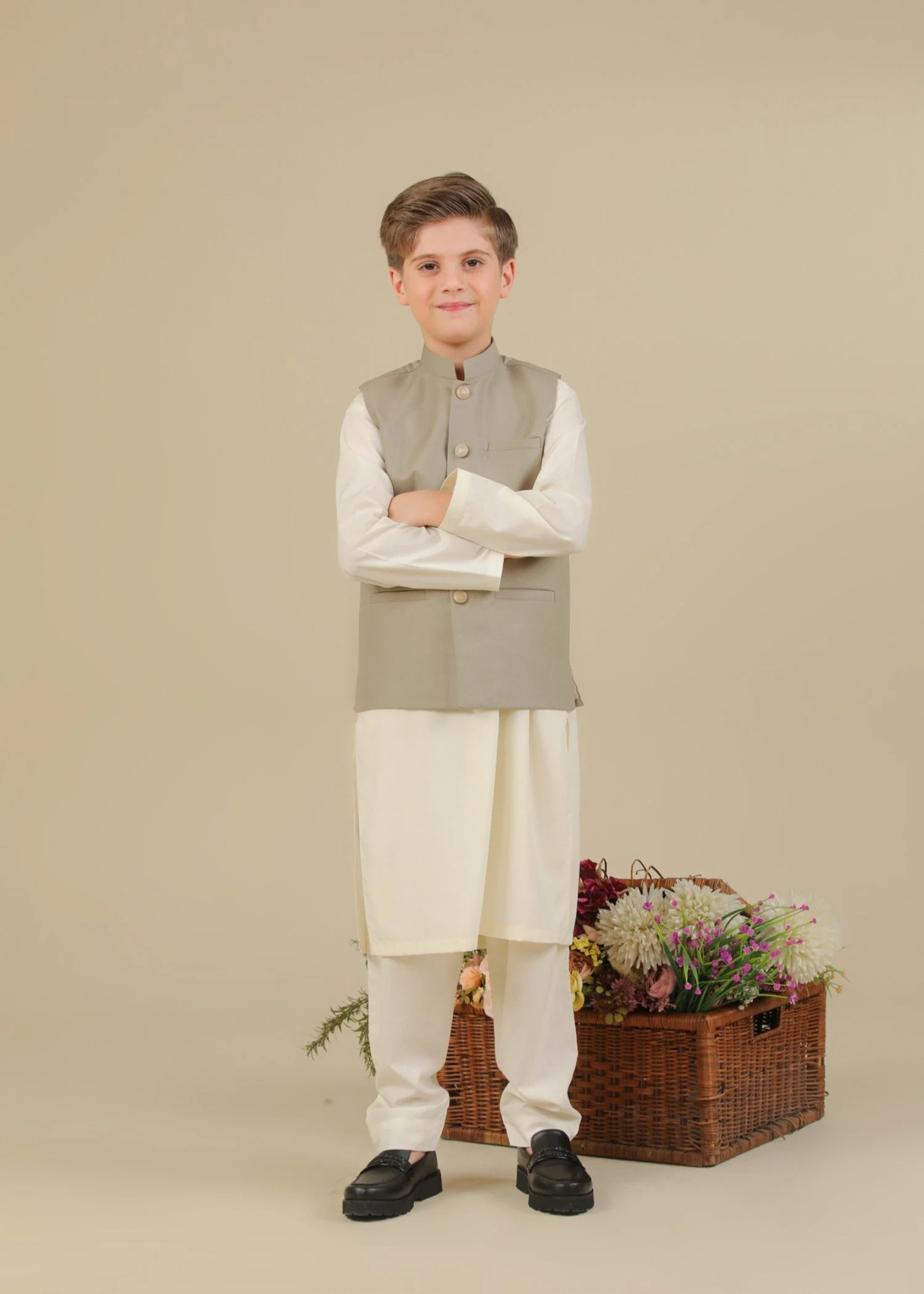 Bosky White Kurta Trouser with Beige Suiting Waistcoat - Straight Cut - Kids