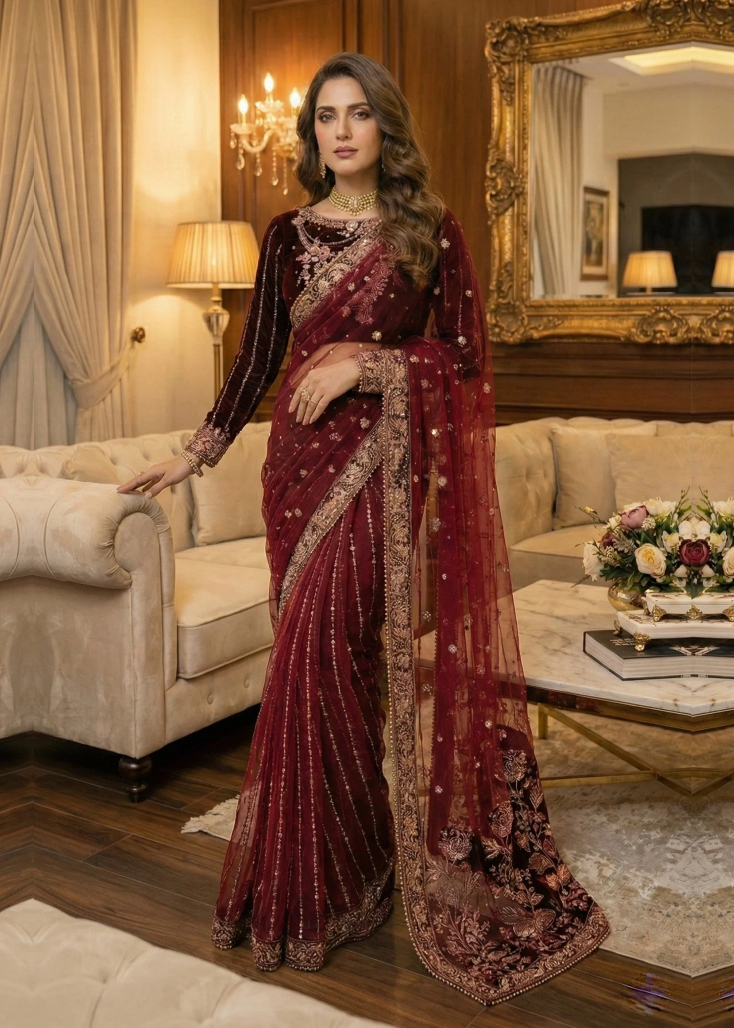 VELVET SAREE - V-03 - PLUM