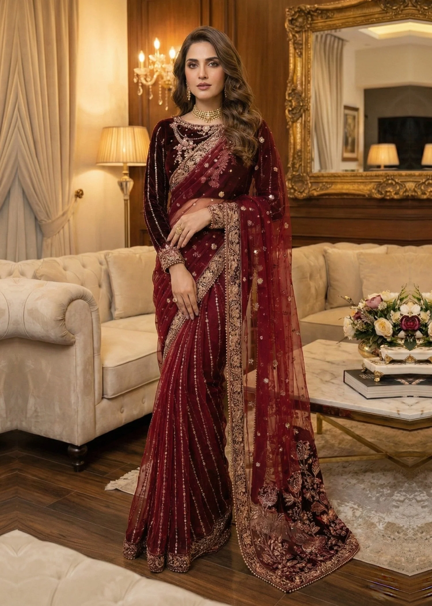 VELVET SAREE - V-03 - PLUM