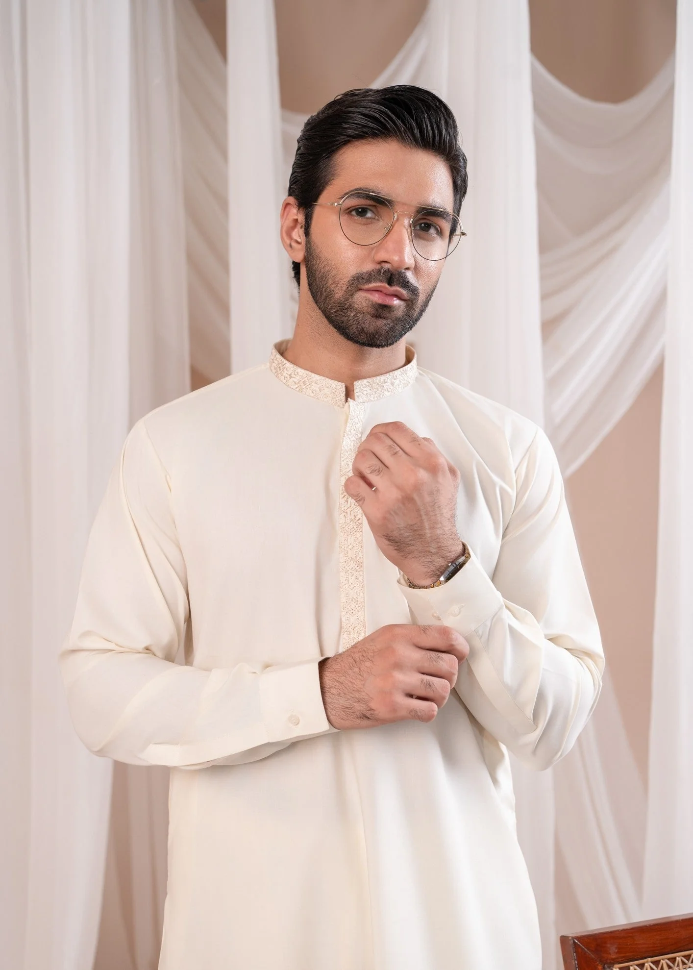 Formal Bosky White Kurta Shalwar - Collar Neck Embroidered - Men
