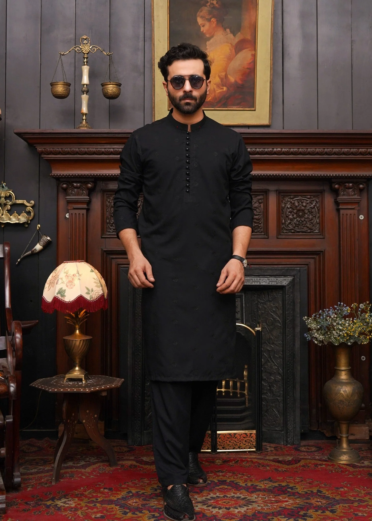 MEN'S JET BLACK CHIKEN KURTA SET