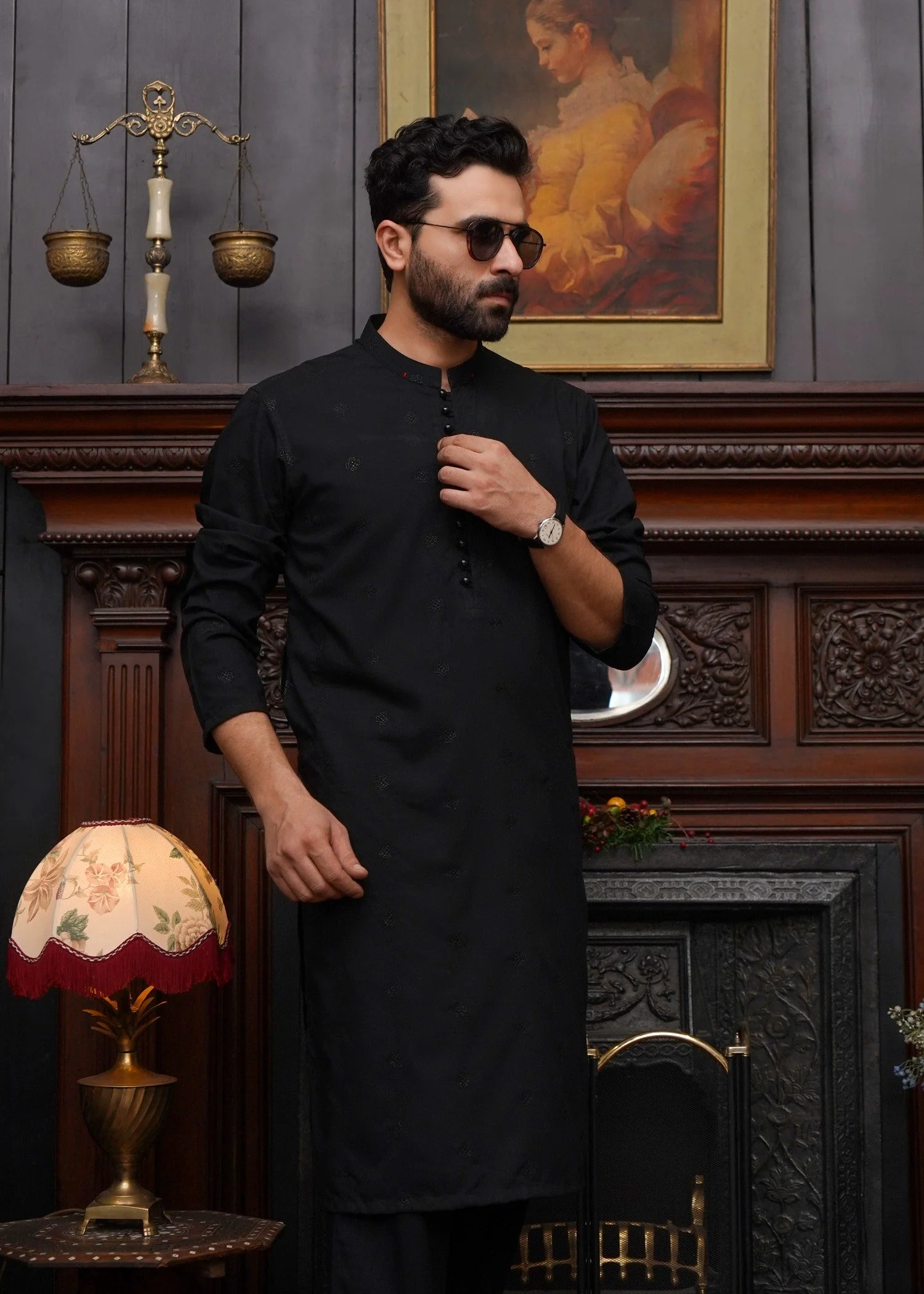 MEN'S JET BLACK CHIKEN KURTA SET