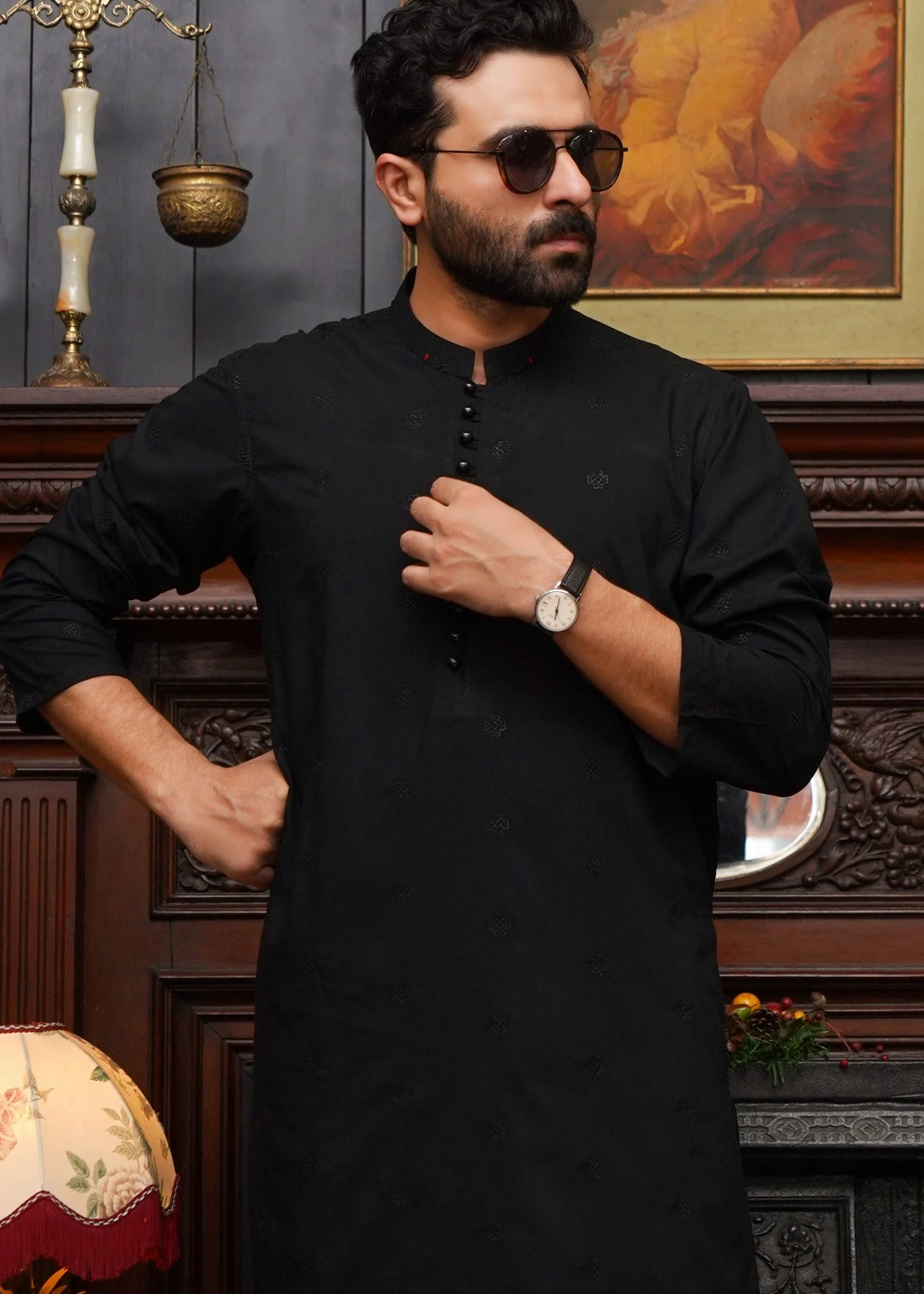 MEN'S JET BLACK CHIKEN KURTA SET