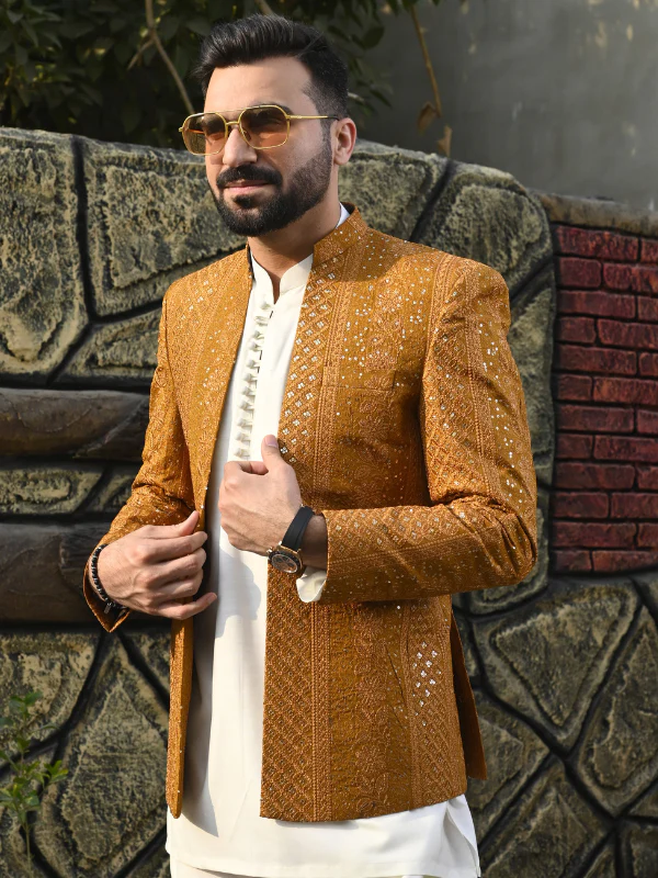 Golden Embroidered Front Open Princecoat