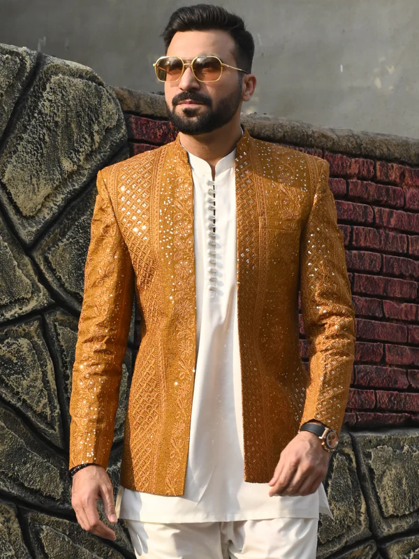 Golden Embroidered Front Open Princecoat