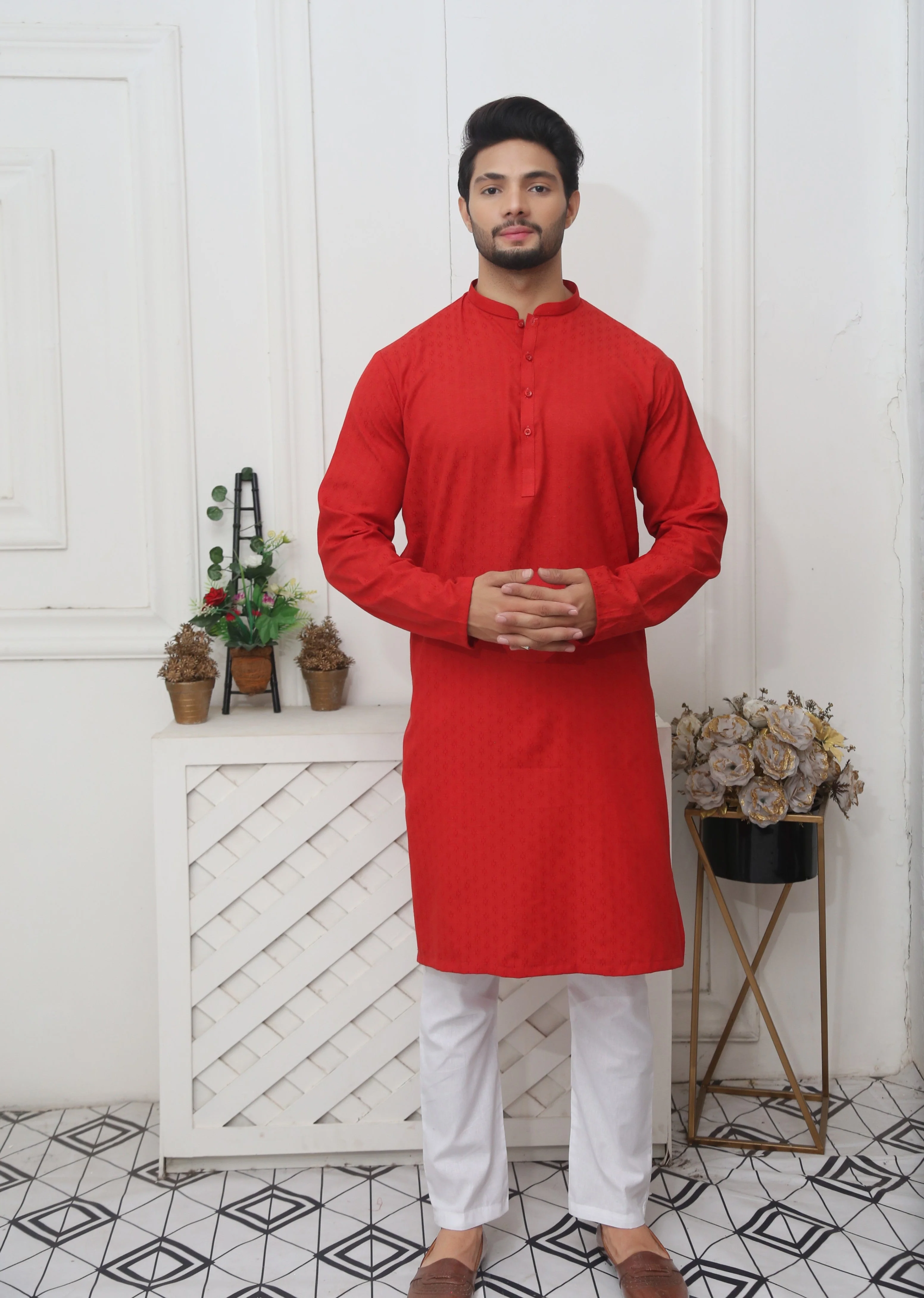 Red Self Design Kurta