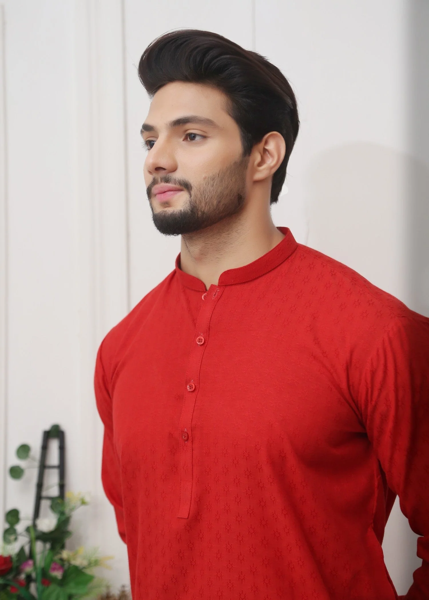 Red Self Design Kurta
