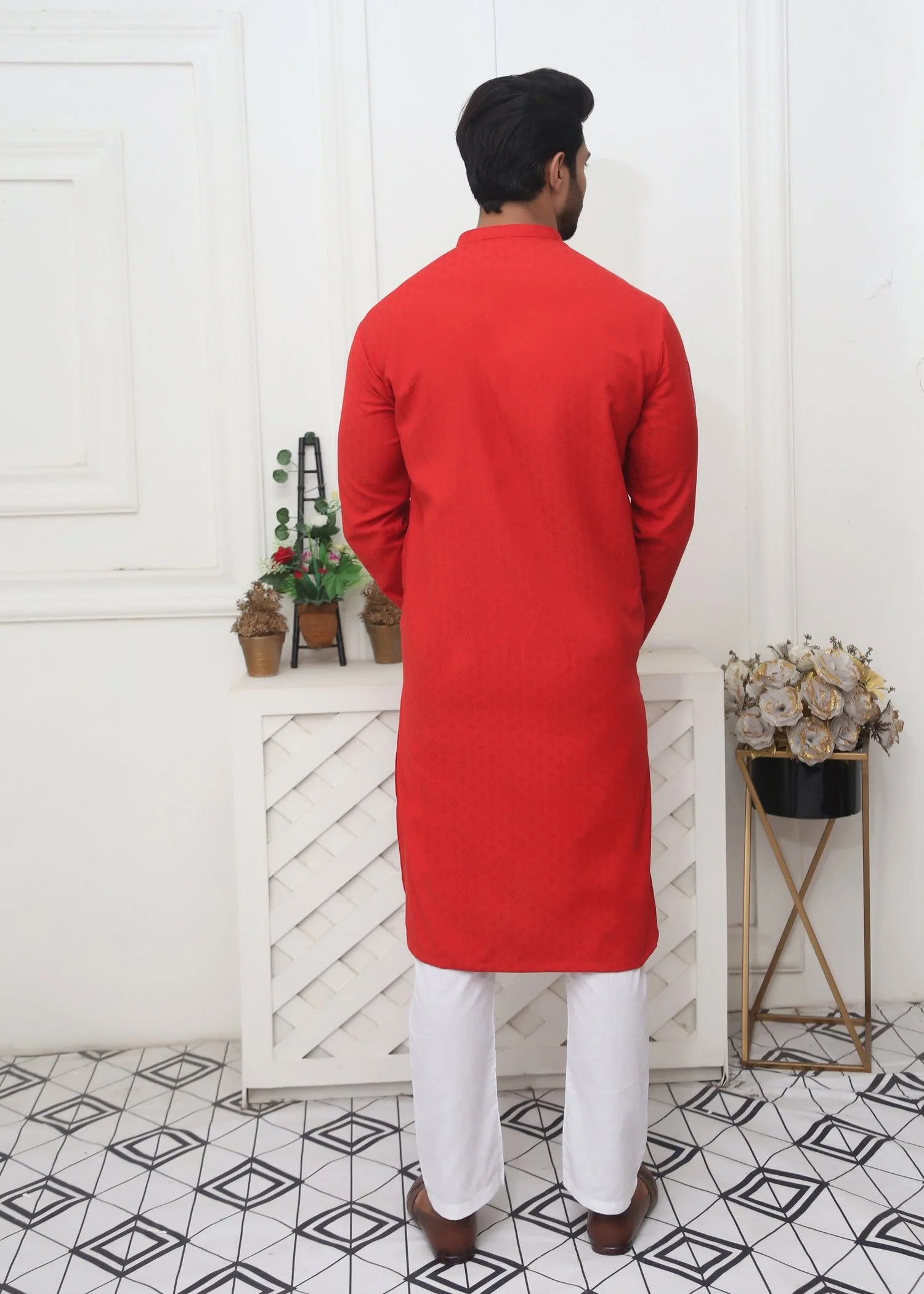 Red Self Design Kurta