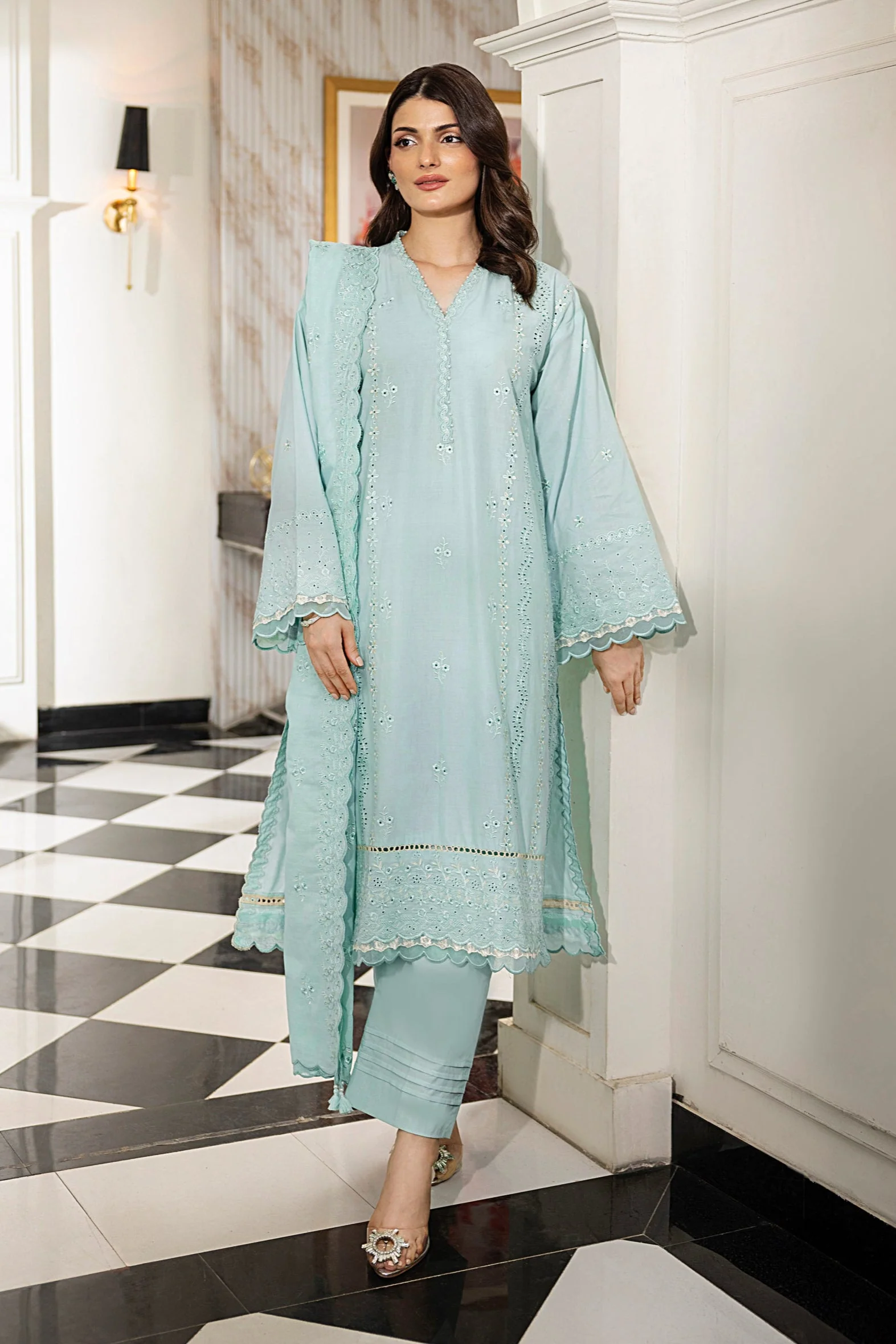 03 Piece Stitched Embroidered With Embroidered Lawn Dupatta