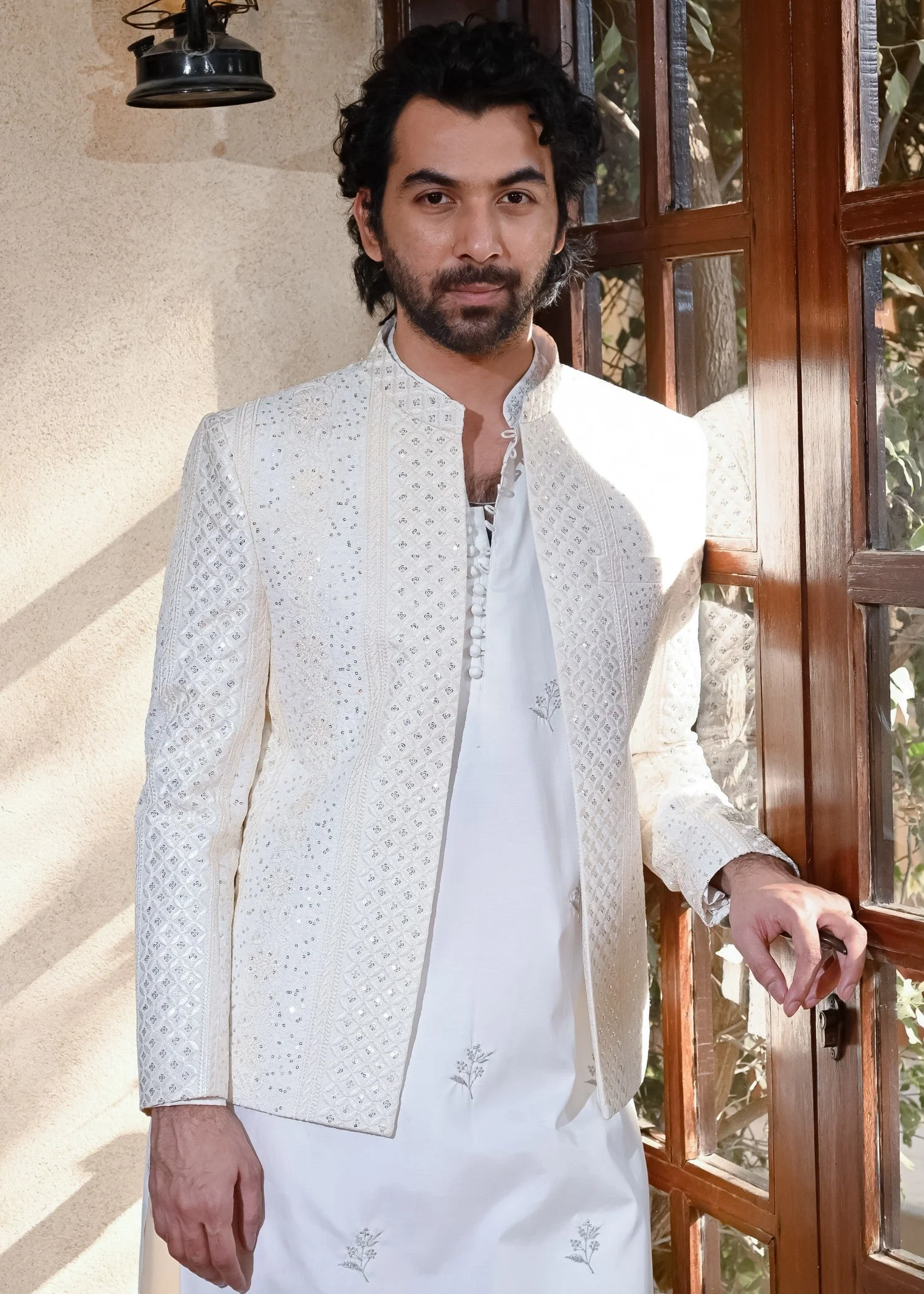 Off White Embroidered Front Open Princecoat